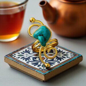 🆕️Turkish Artisan 18K Gold Plated Brass Adjustable Turquoise Cocktail Ring
